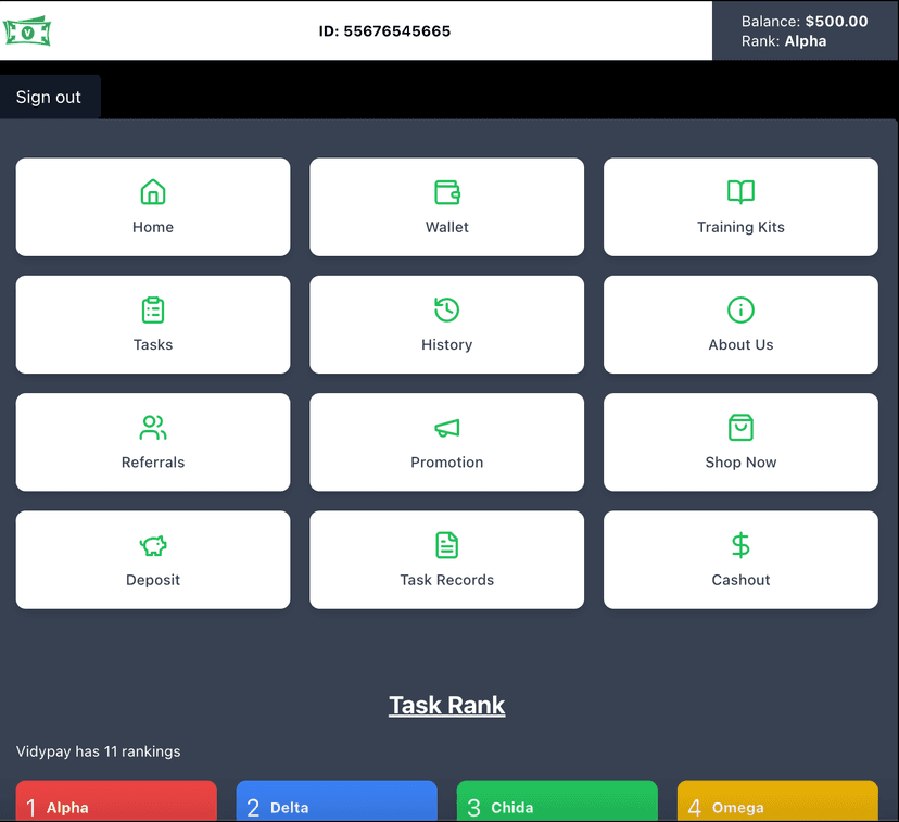 App dashboard screenshot